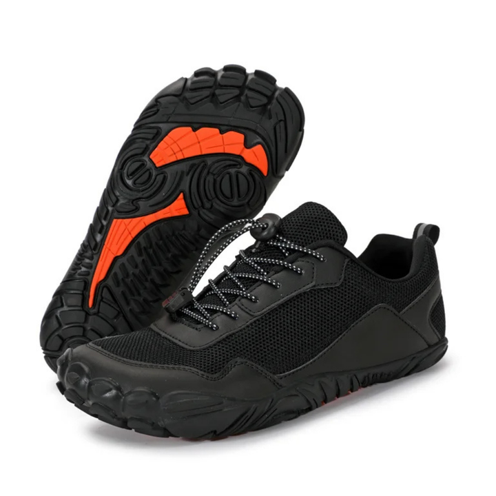 Unisex minimalist barefoot hiking shoes in black for outdoor trail adventures