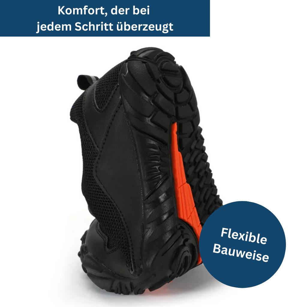 Close-up of flexible sole on minimalist barefoot hiking shoes, promoting natural movement