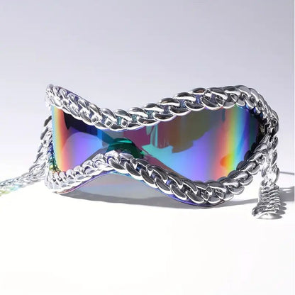 Unisex mirrored sunglasses with stylish chain accent. Black frame, silver lenses. Fashion eyewear.