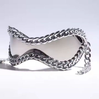Sleek unisex wrap-fit sunglasses. Mirrored silver lenses, black frame, elegant chain accent. Statement shades.