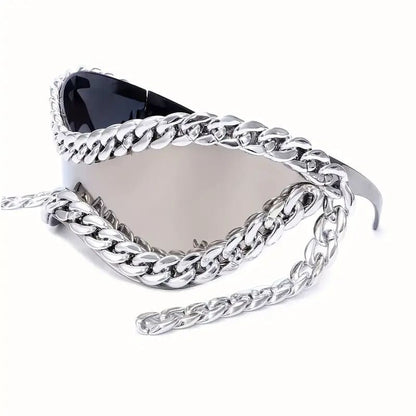 Fashion-forward unisex sunglasses. Mirrored silver lenses, black frame with unique chain detail. Stylish eyewear.