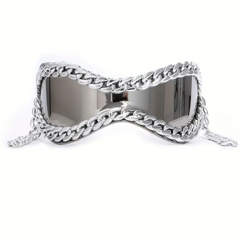 Unisex mirrored gradient sunglasses. Black frame with silver chain accent. Trendy fashion eyewear for all.