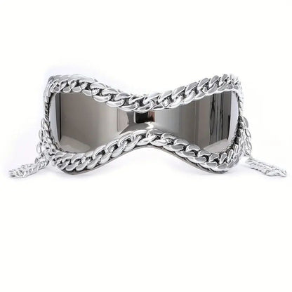 Unisex mirrored gradient sunglasses. Black frame with silver chain accent. Trendy fashion eyewear for all.