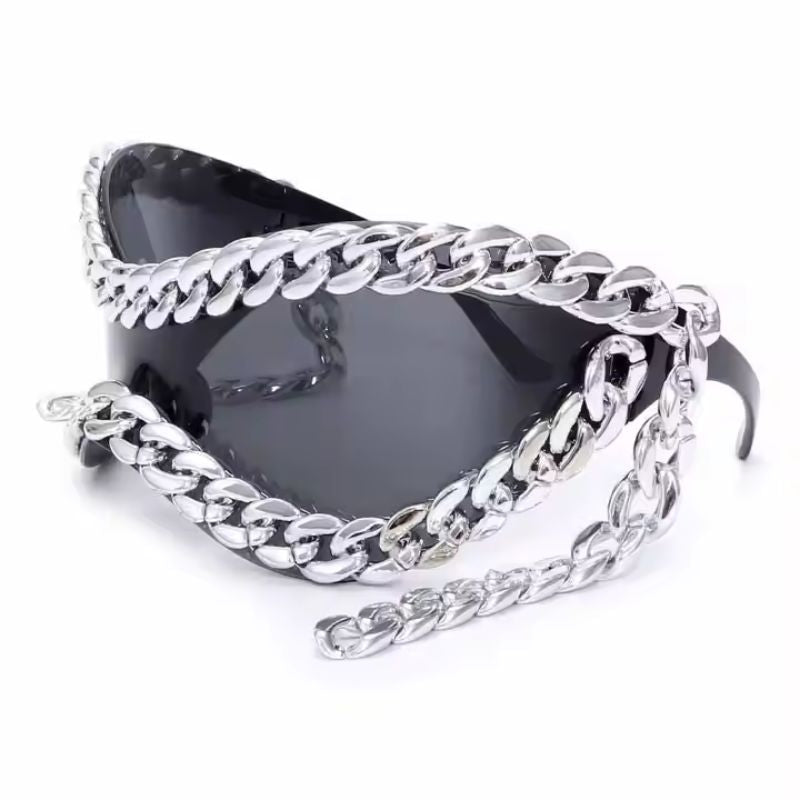Modern unisex sunglasses featuring mirrored silver lenses, black frame, and chic chain accent. Fashion shades.