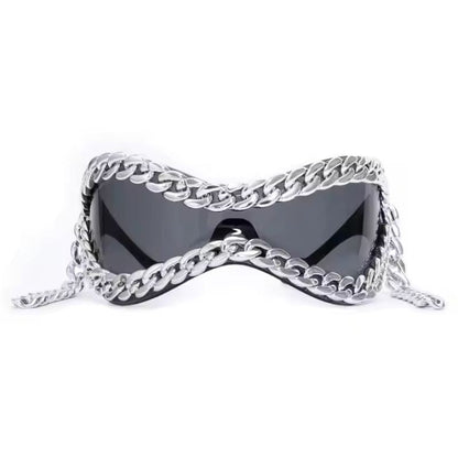 Bold unisex wrap-fit mirrored sunglasses. Black frame, silver lenses, distinctive chain accent. Fashion statement.
