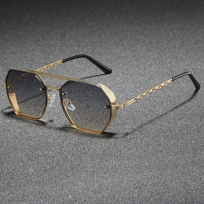 Unisex modern geometric metal frame sunglasses offering UV protection, sleek eyewear for men & women.