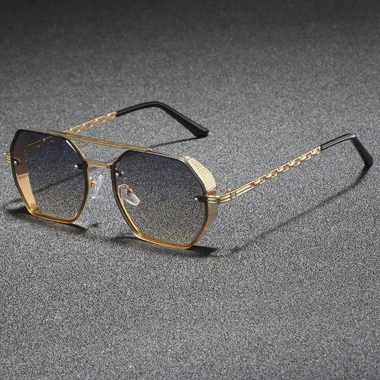 Unisex modern geometric metal frame sunglasses offering UV protection, sleek eyewear for men & women.