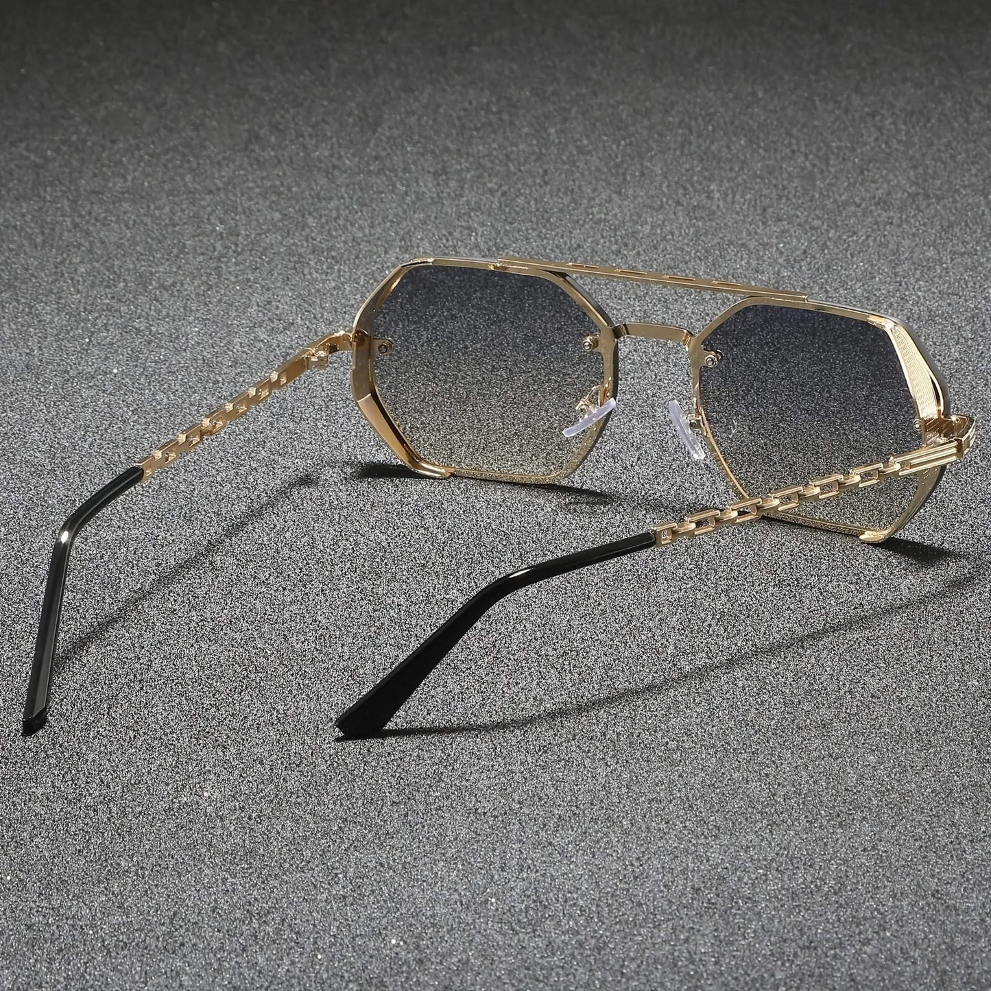 Retro-inspired geometric metal frame shades, anti-reflective lenses, stylish unisex eyewear.