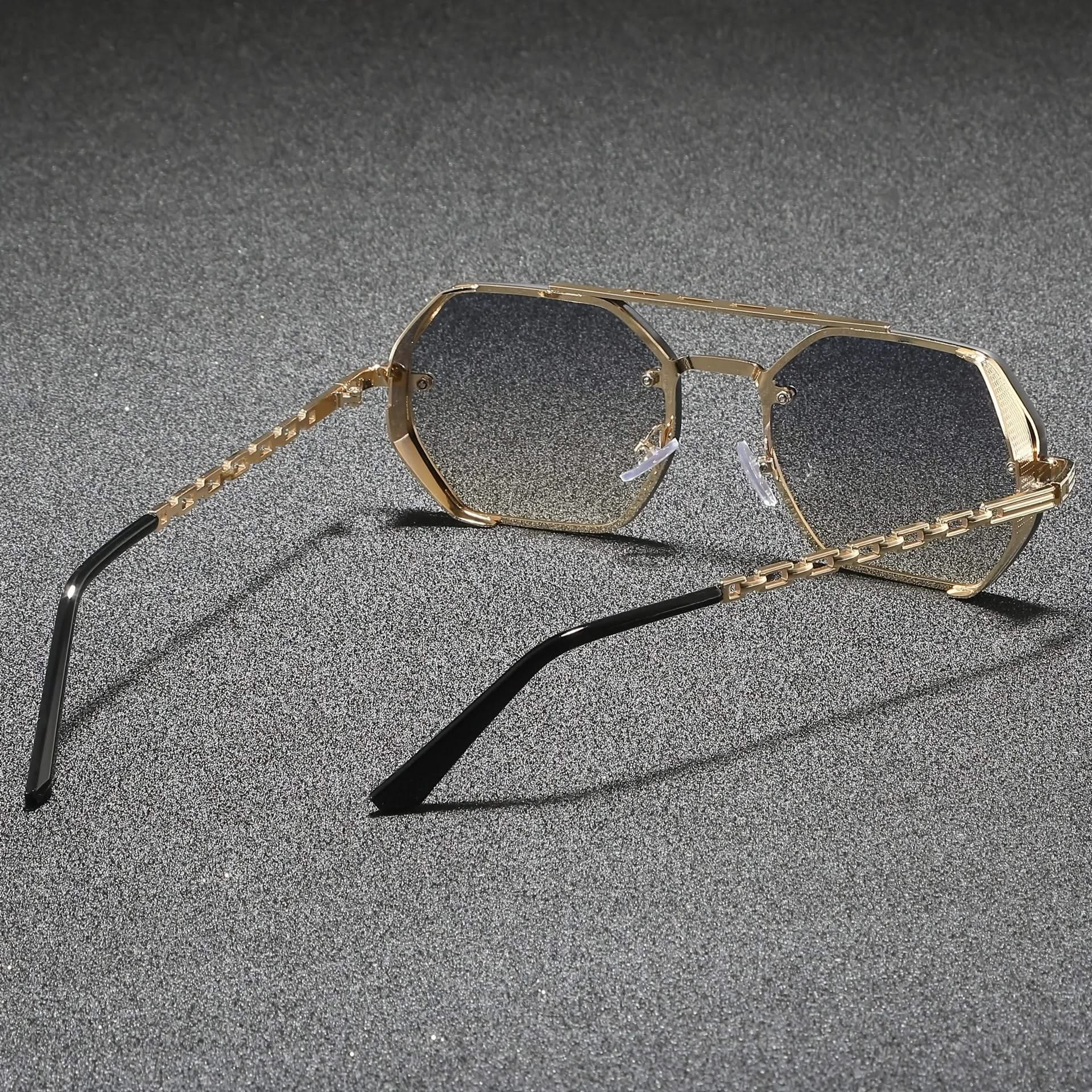 Retro-inspired geometric metal frame shades, anti-reflective lenses, stylish unisex eyewear.
