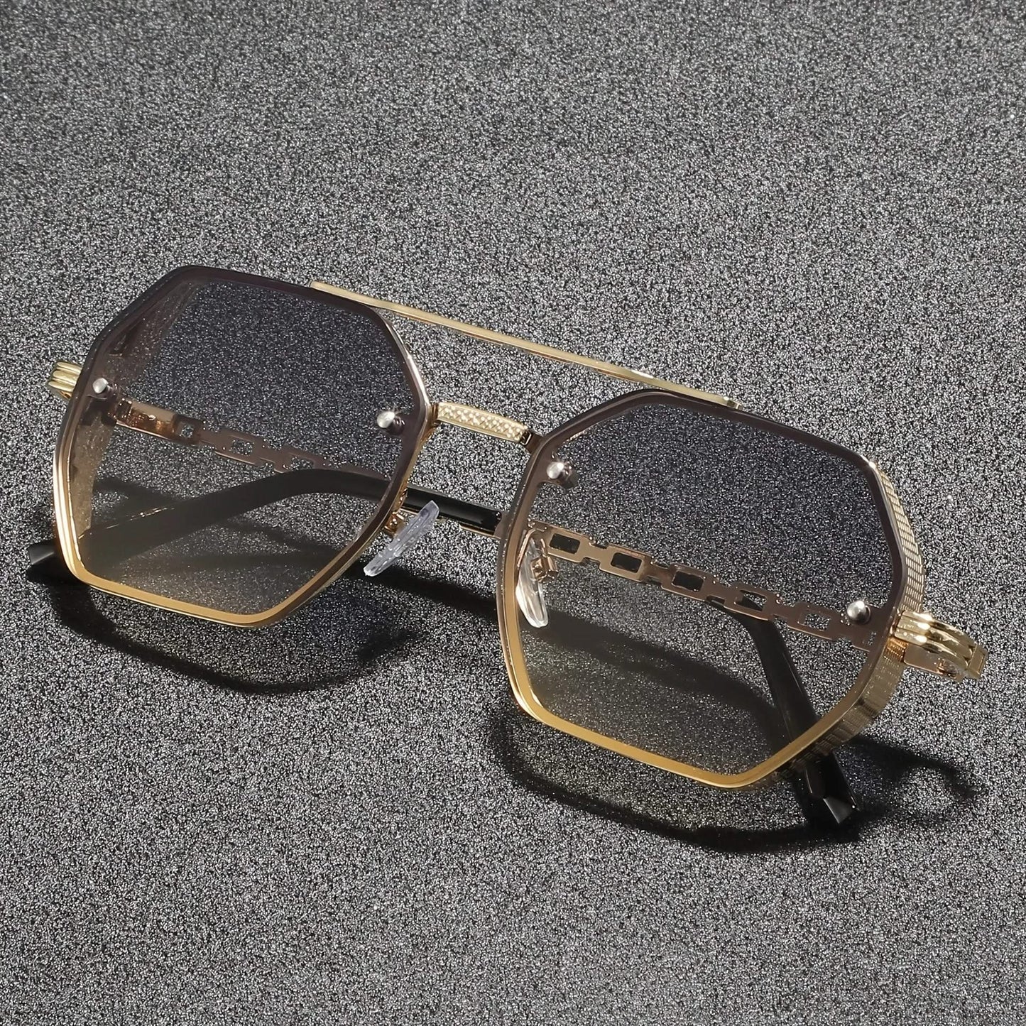 Modern unisex sunglasses with unique geometric metal frames, ensuring UV protection and a chic look.