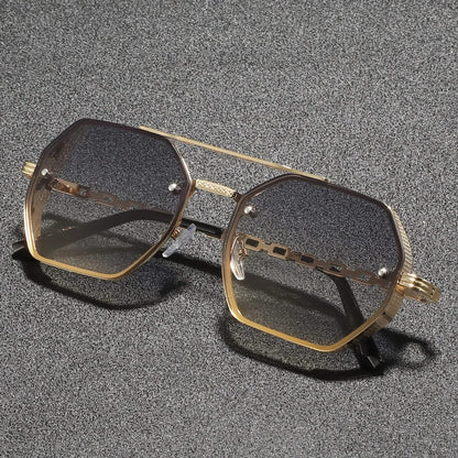 Modern unisex sunglasses with unique geometric metal frames, ensuring UV protection and a chic look.