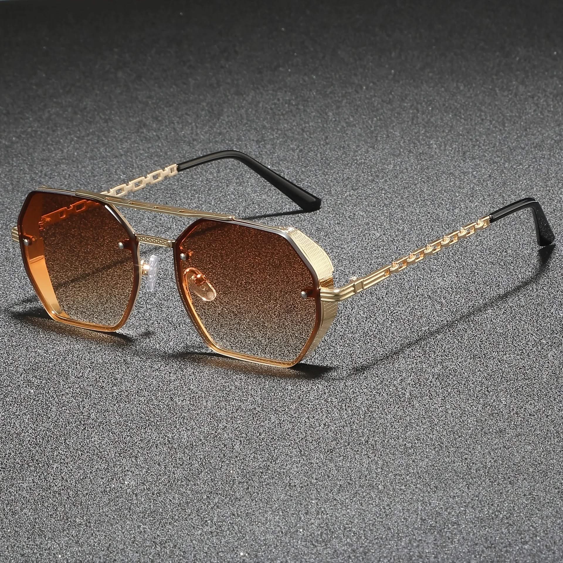 Sleek metal frame geometric sunglasses for men & women, offering full UV protection & anti-reflective comfort.
