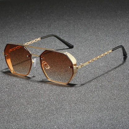 Sleek metal frame geometric sunglasses for men & women, offering full UV protection & anti-reflective comfort.