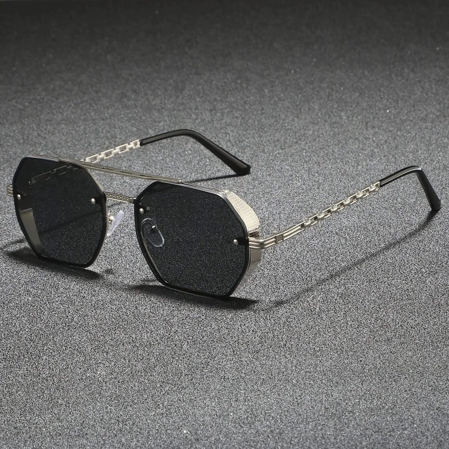 Geometric metal frame shades with anti-reflective lenses, fashionable and protective unisex eyewear.
