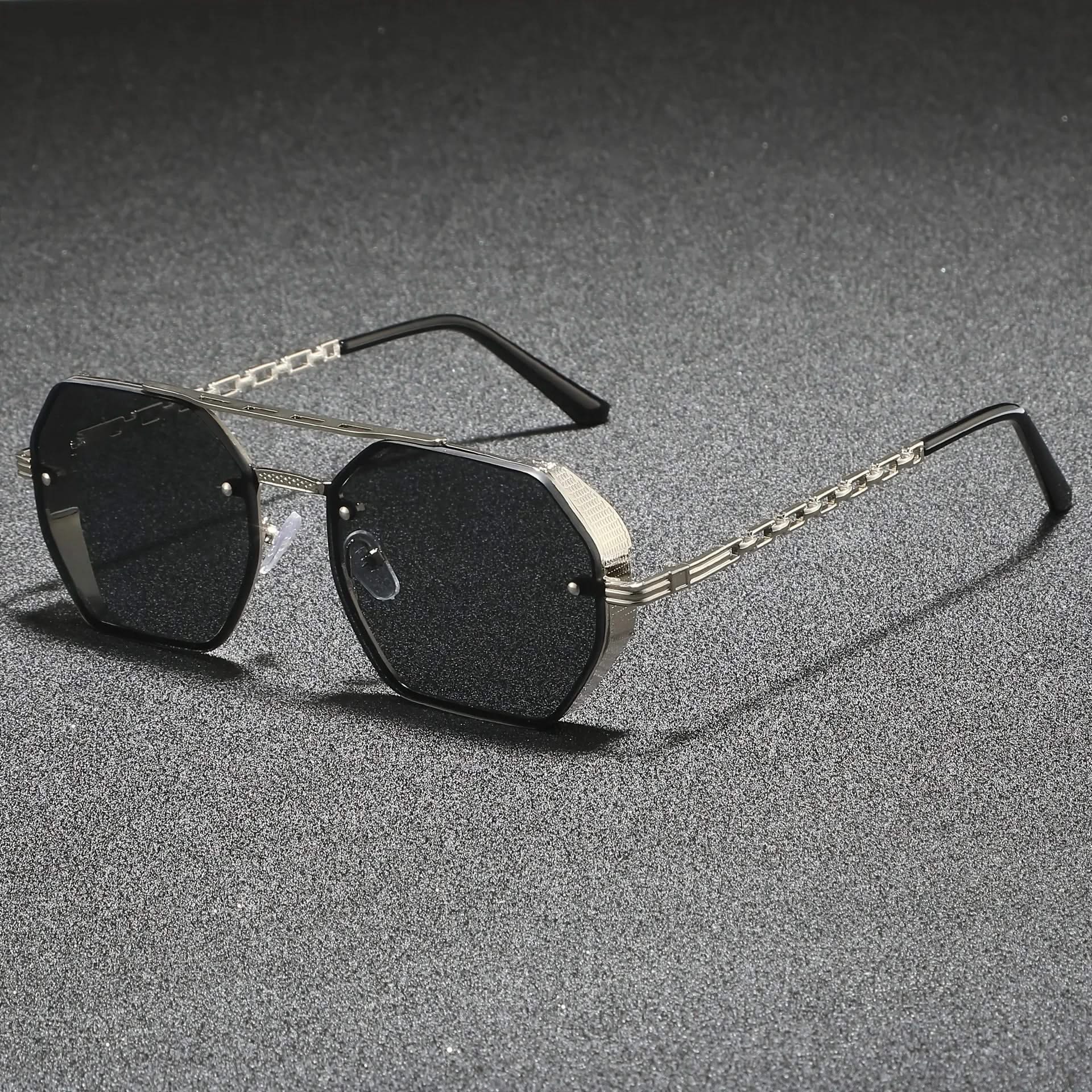 Geometric metal frame shades with anti-reflective lenses, fashionable and protective unisex eyewear.