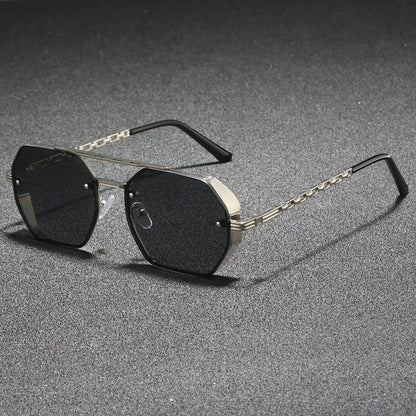 Geometric metal frame shades with anti-reflective lenses, fashionable and protective unisex eyewear.