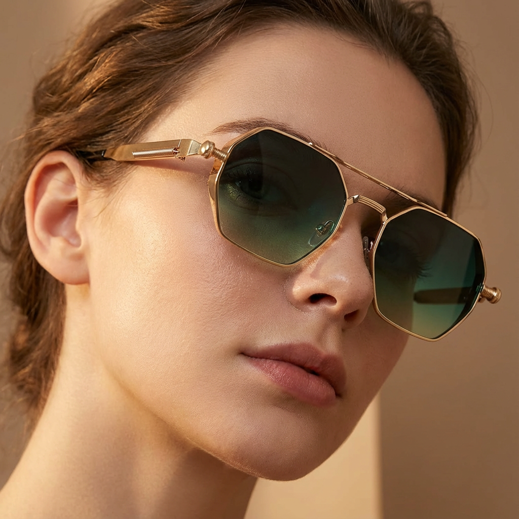 Unisex modern gradient lens sunglasses with stylish gold frames. UV400 eye protection for summer.