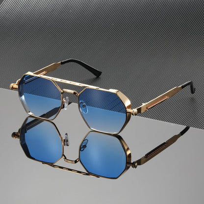 Chic unisex gold frame sunglasses with gradient UV400 lenses. A modern eye protection accessory.