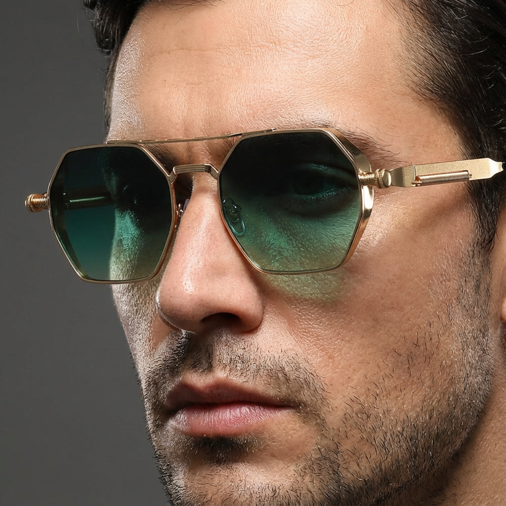 Fashionable unisex gradient sunglasses, gold frame, UV400 lenses. Perfect summer style eyewear.