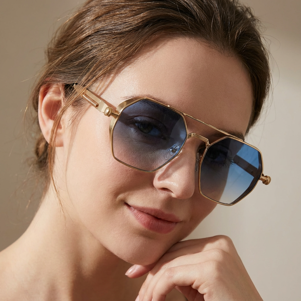 Stylish gradient lens sunglasses, unisex gold frame. UV400 protection eyewear for fashion.
