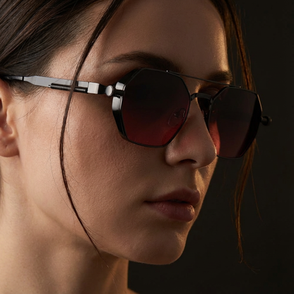 Modern gold frame unisex sunglasses with gradient lenses. Offers UV400 eye protection.