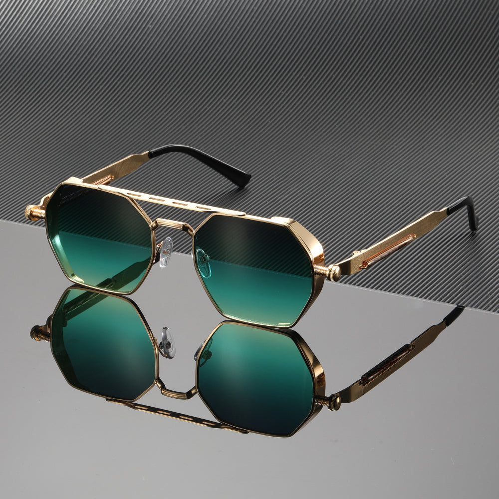 Gradient lens sunglasses, unisex, gold frame. Stylish UV400 eyewear for summer fashion.