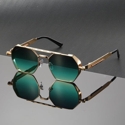 Gradient lens sunglasses, unisex, gold frame. Stylish UV400 eyewear for summer fashion.