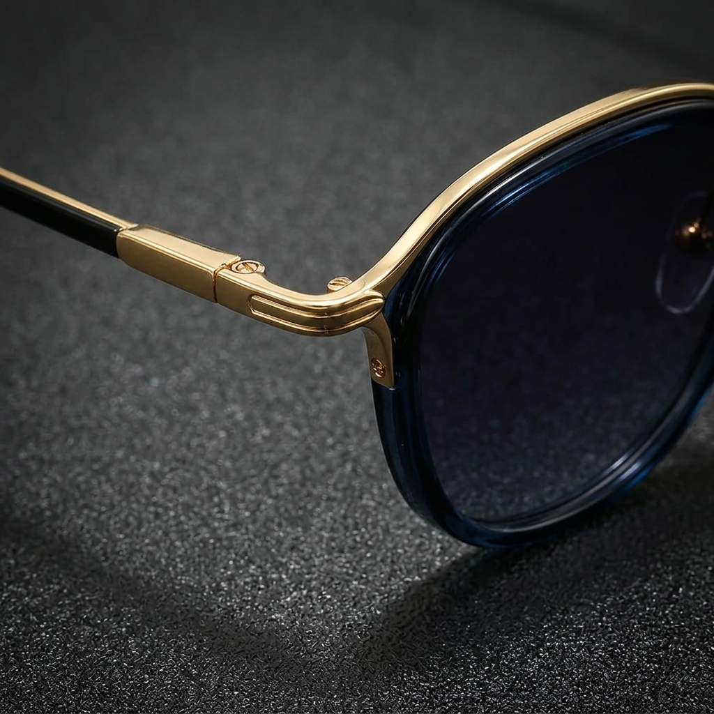 Gold Frame Unisex Modern Round UV400 Sunglasses. Fashion accessory with anti-glare lenses.