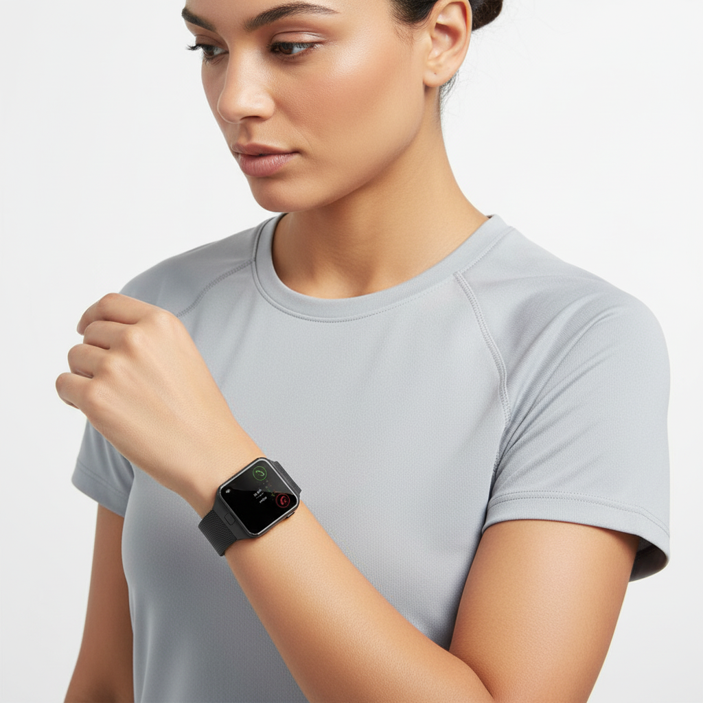 Elegant unisex smartwatch featuring a large rectangular touch display for clear notifications.