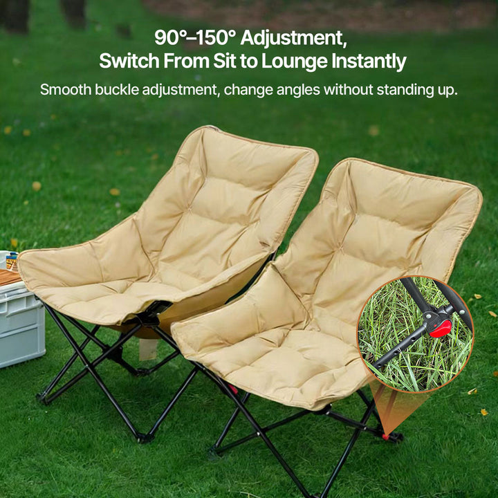 Reclining moon chair with leg rest, sturdy frame, ideal for outdoor leisure and stadium seating.