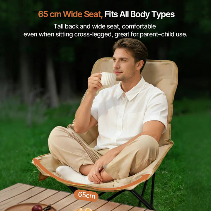 Compact folding moon chair, lightweight design, easy to transport for camping or beach trips.