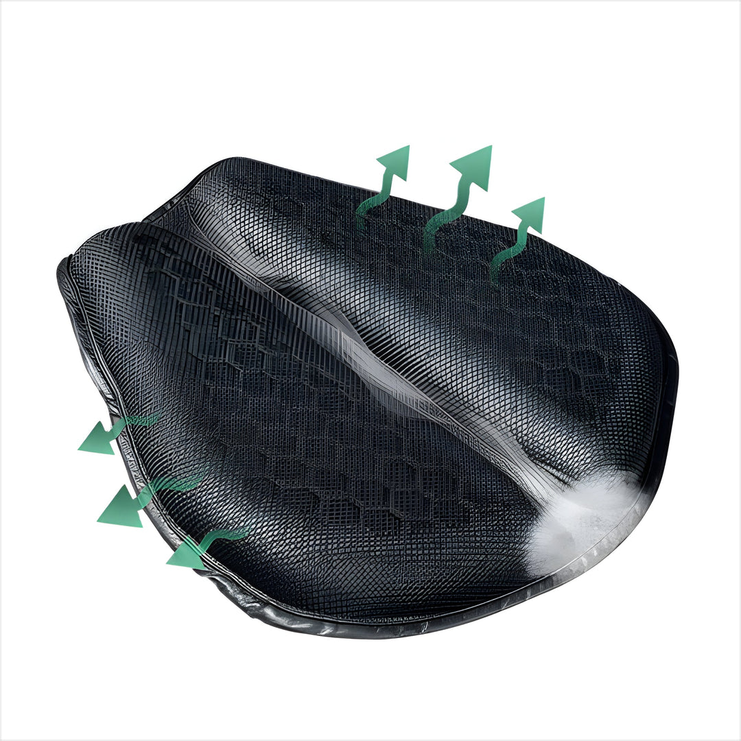 Close-up of the breathable gel seat pad, showing shock-absorbing gel for enhanced motorcycle riding comfort.