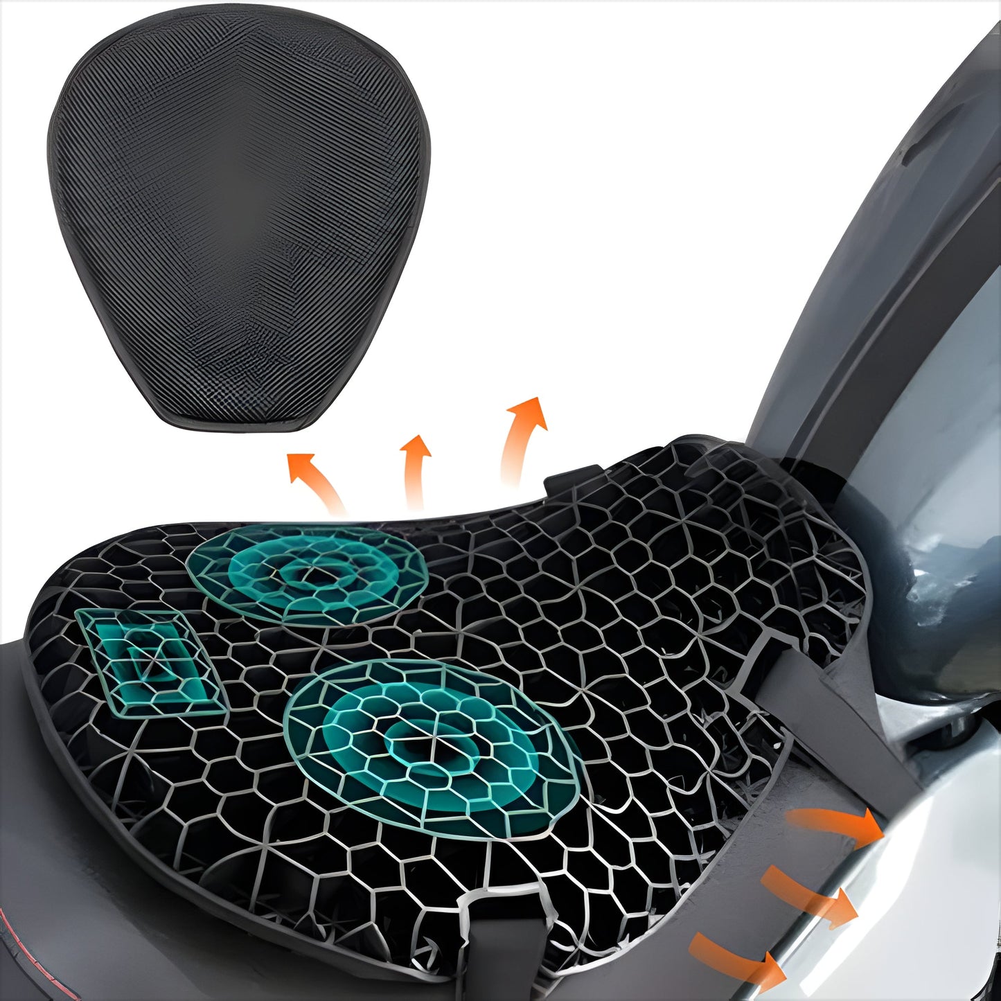 Motorcycle gel seat pad universally fitted on a bike seat, enhancing comfort for long-distance rides.