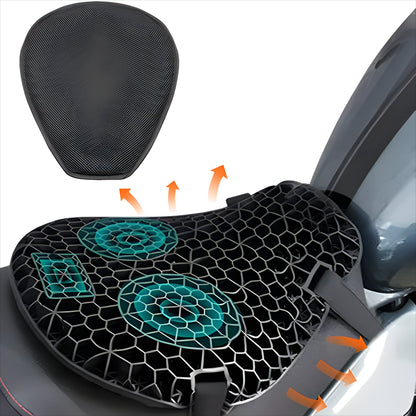 Motorcycle gel seat pad universally fitted on a bike seat, enhancing comfort for long-distance rides.
