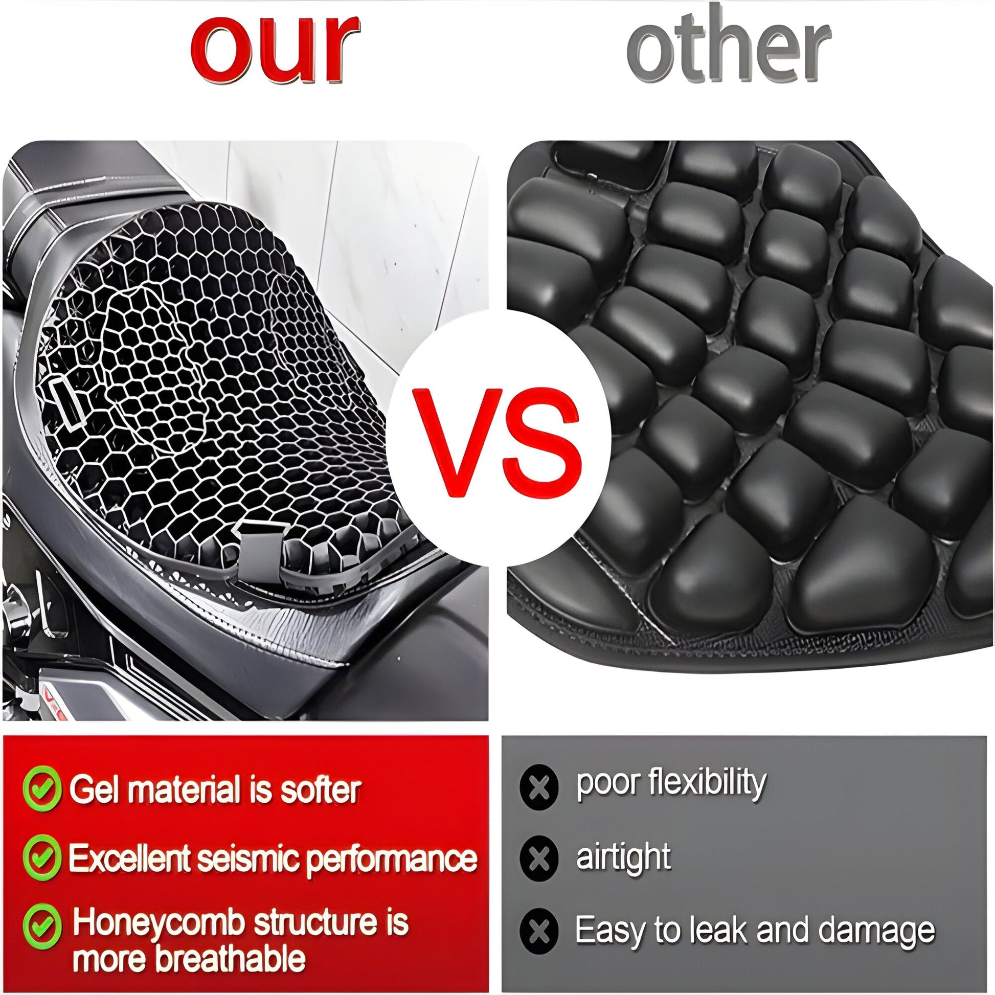 Portable universal motorcycle gel seat pad, an essential bike accessory for ultimate long ride comfort.