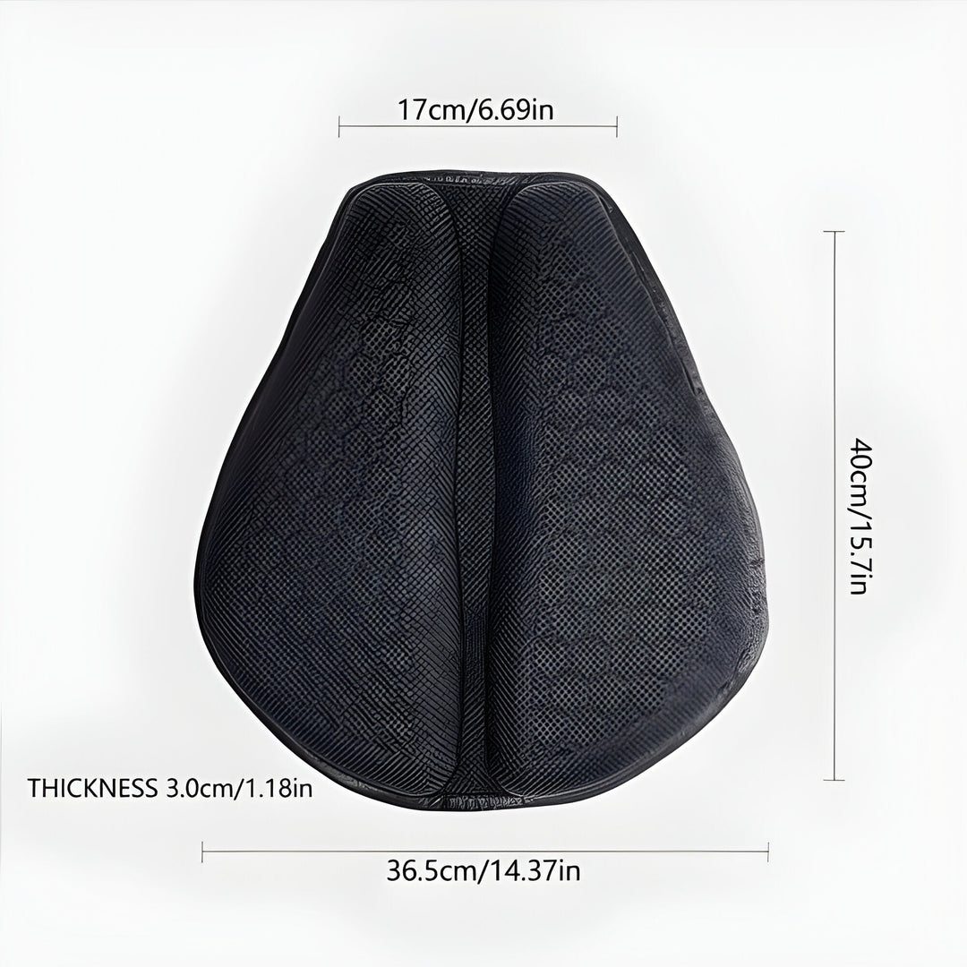 Rider's view of a motorcycle seat with a comfortable gel pad, ensuring a smooth, long-distance ride.