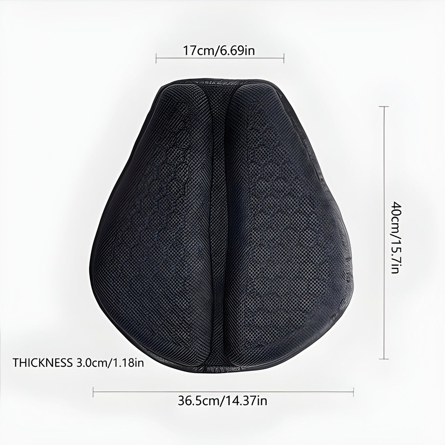 Rider's view of a motorcycle seat with a comfortable gel pad, ensuring a smooth, long-distance ride.
