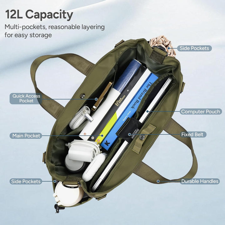 Secure laptop compartment in a unisex tote bag, multiple pockets & adjustable shoulder strap.
