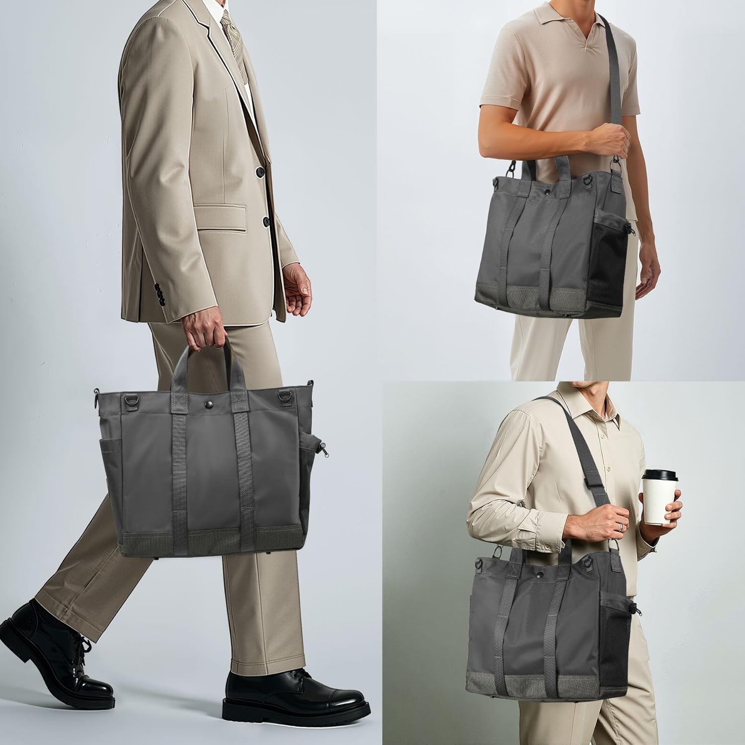 Stylish unisex tote bag, perfect for business travel, features organizational pockets & shoulder strap.