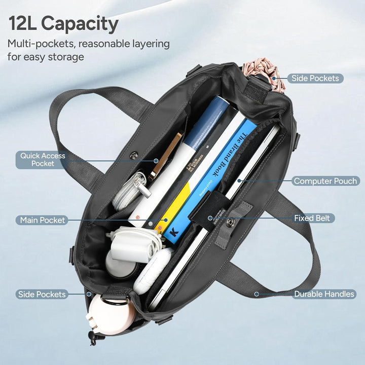 Spacious travel laptop tote, unisex design, organizational pockets, comfortable adjustable strap.