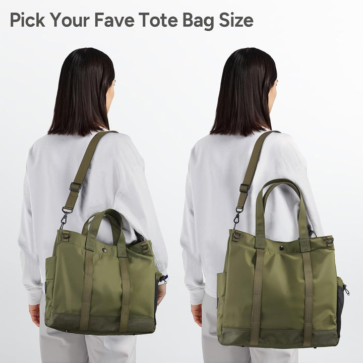Large capacity multi-compartment laptop tote, ideal for work, travel, with an adjustable strap.