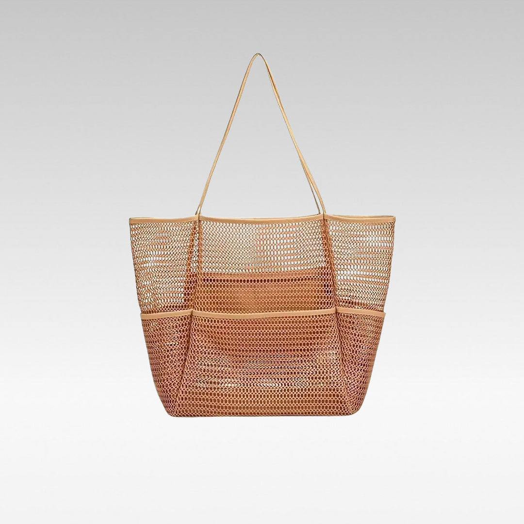Unisex multi-pocket mesh beach tote bag, blue, with front compartments, for swim & travel storage