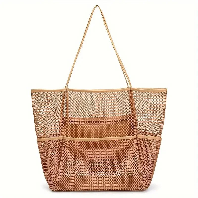 Close-up of durable mesh fabric on a unisex multi-pocket beach tote bag, ideal for outdoor storage