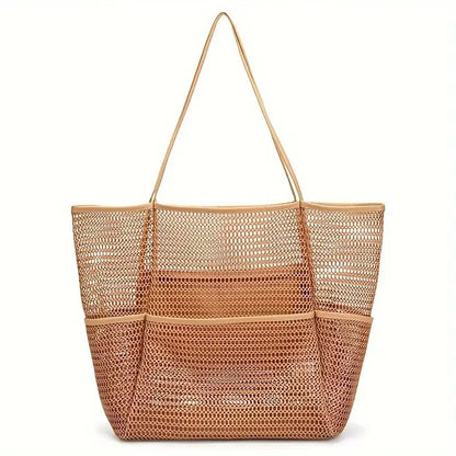 Close-up of durable mesh fabric on a unisex multi-pocket beach tote bag, ideal for outdoor storage