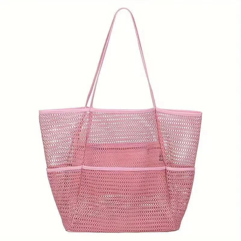 Spacious main compartment of a unisex mesh beach tote, showing ample room for towels and beach gear