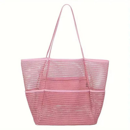 Spacious main compartment of a unisex mesh beach tote, showing ample room for towels and beach gear