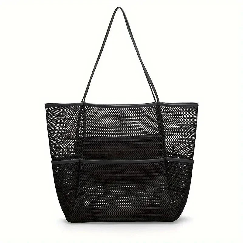 Unisex mesh tote bag with side pockets, perfect for water bottles or sunscreen, practical for travel