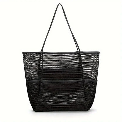 Unisex mesh tote bag with side pockets, perfect for water bottles or sunscreen, practical for travel