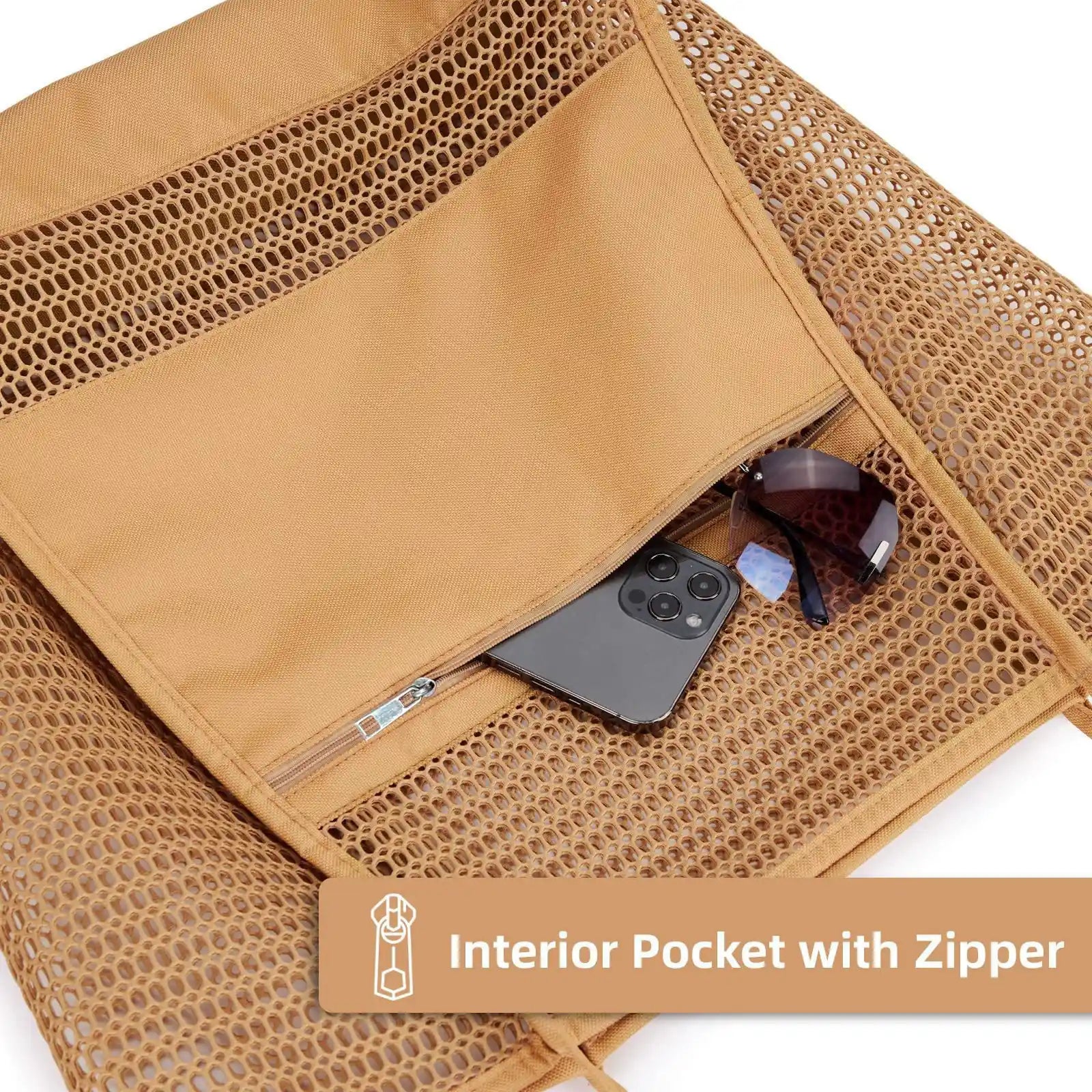 Unisex multi-pocket mesh tote bag with comfortable shoulder straps, ready for beach or swim activities
