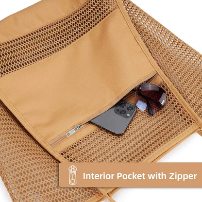 Unisex multi-pocket mesh tote bag with comfortable shoulder straps, ready for beach or swim activities